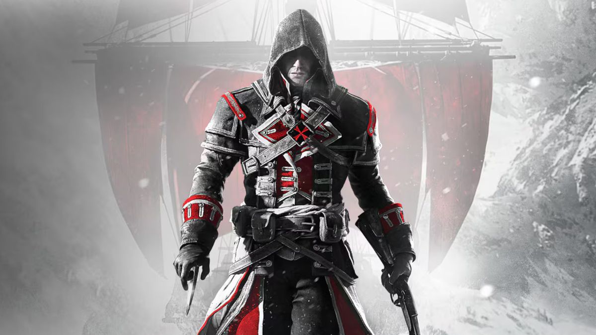 Key art for Assassin&#039;s Creed Rogue Remastered showing Shay Patrick Cormac in a black and red outfit that&#039;s a cross between Assassin and Templar armor, with his ship The Morrigan behind him