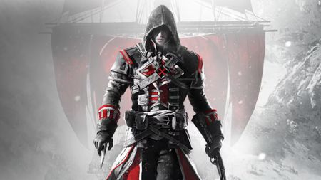 Key art for Assassin's Creed Rogue Remastered showing Shay Patrick Cormac in a black and red outfit that's a cross between Assassin and Templar armor, with his ship The Morrigan behind him