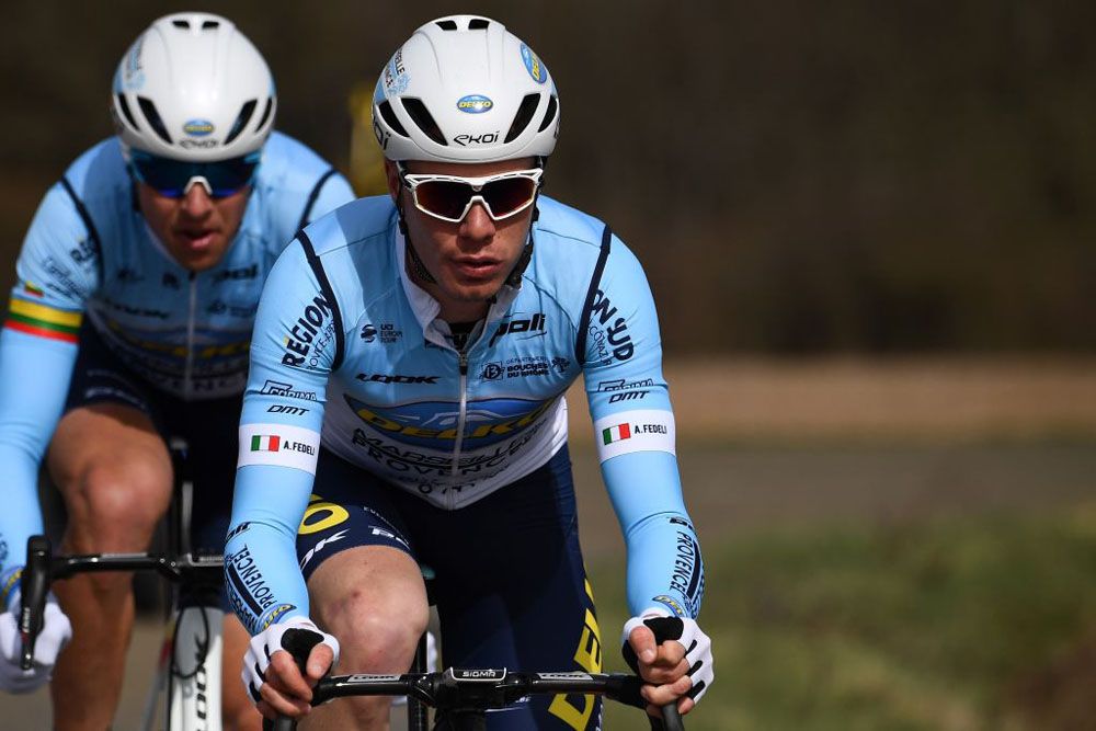 Ramunas Navardauskas follows Alessandro Fedeli in the break on stage 3 of Paris-Nice