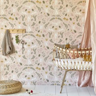 Pink nursery featuring Woodland Wonders wallpaper by Hibou Home