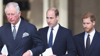 King Charles, Prince William, and Prince Harry attend the Grenfell Tower National Memorial Service on December 14, 2017.