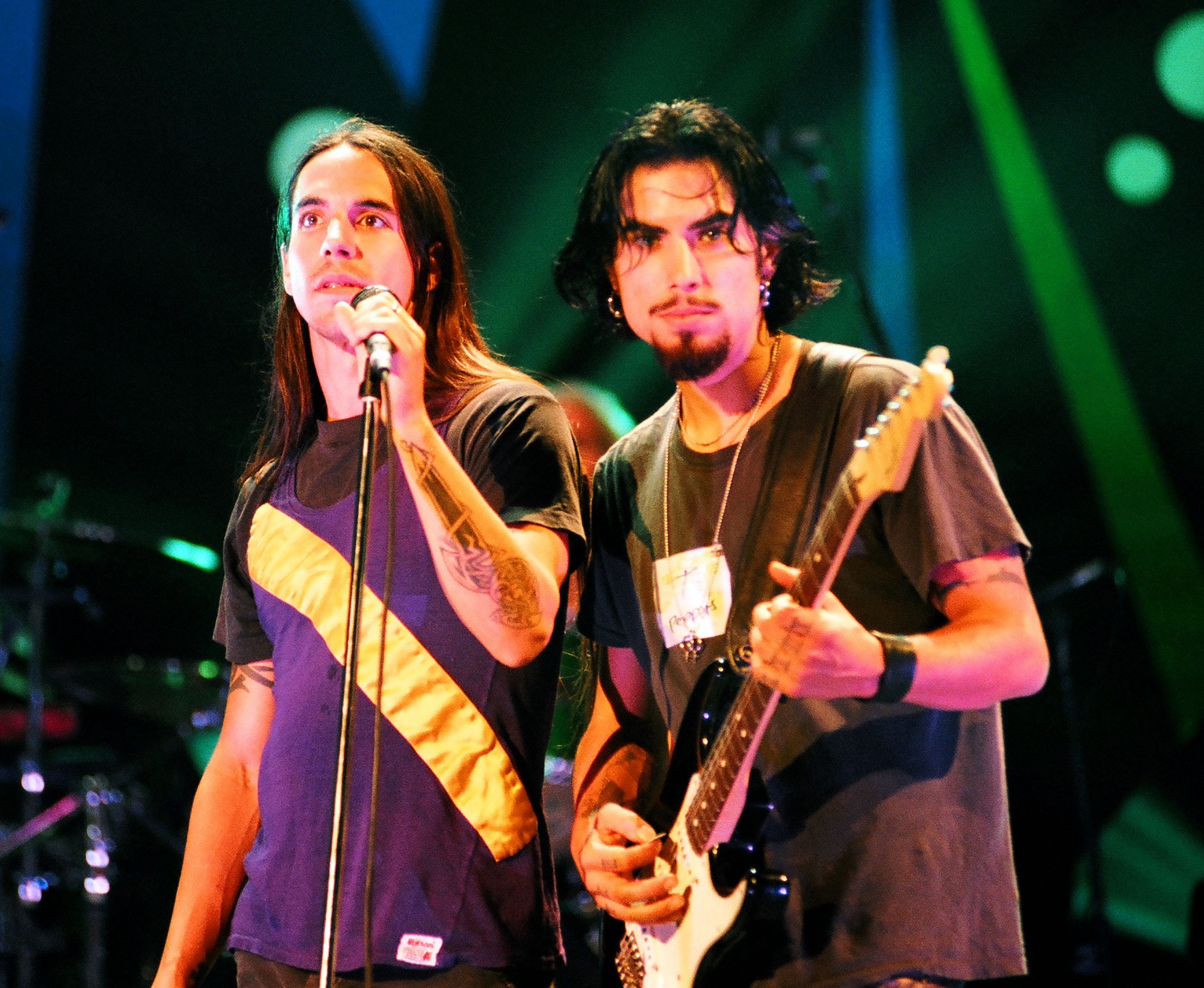 Anthony Kiedis (left) and Dave Navarro of the Red Hot Chili Peppers rehearse onstage for the 1995 MTV Video Music Awards at Radio City Music Hall in New York City