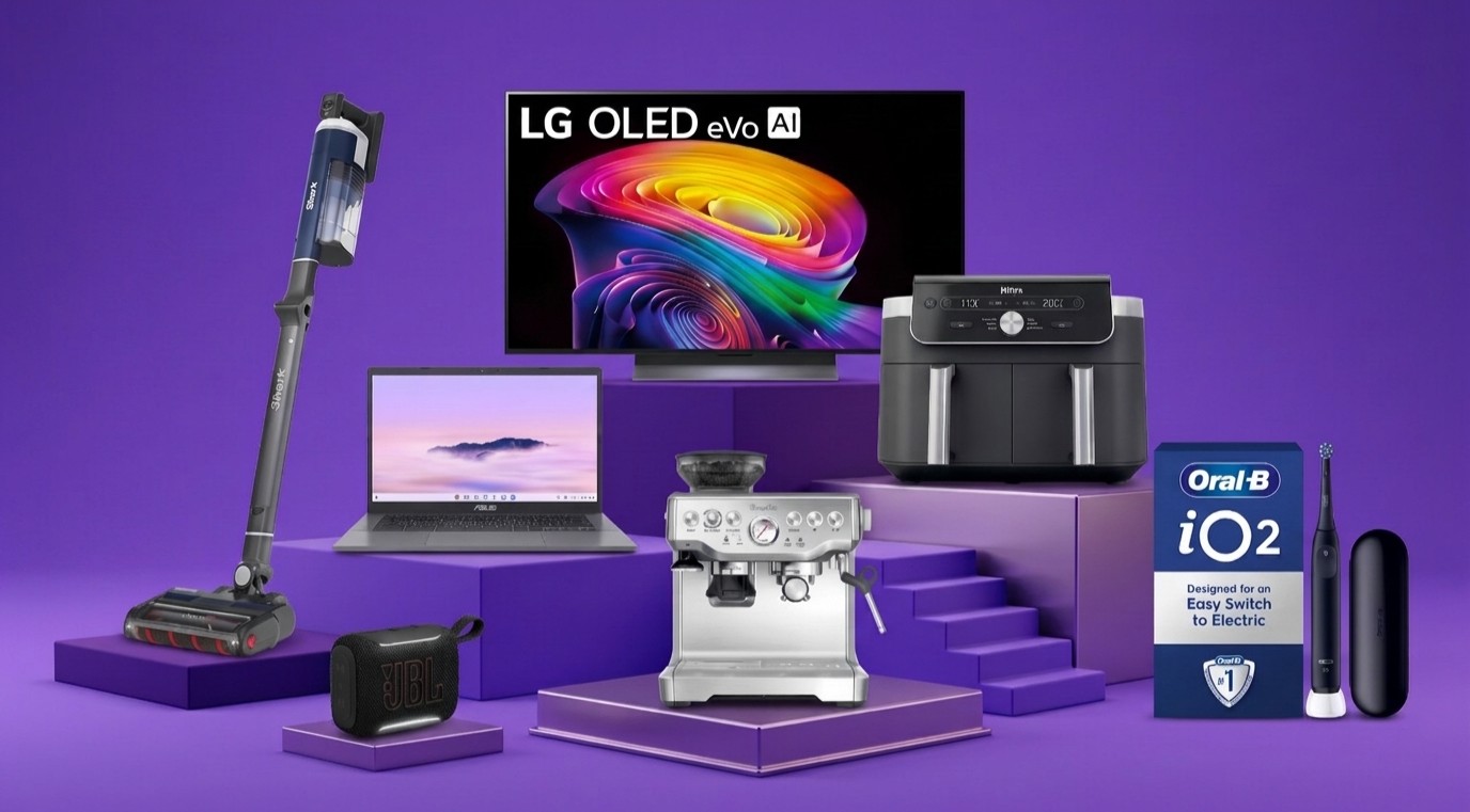 A collage of tech from the Currys Black Friday sale on a purple background, including LG, Shark, Asus, JBL, Sage, Ninja, and Oral-B.