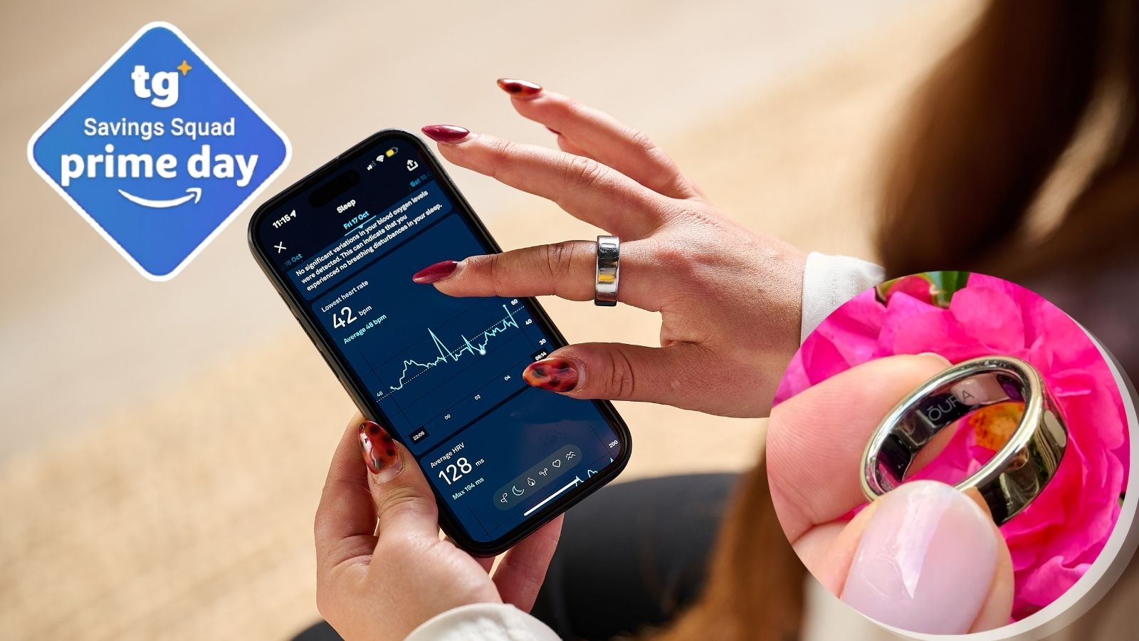 A woman holding an iPhone displaying Oura sleep graph. A silver Oura Ring 4 sits on her right index finger. Inset of the gold Oura Ring 5 held up against pink flowers and inset of blue and white Tom's Guide Prime Day Savings Squad badge. 