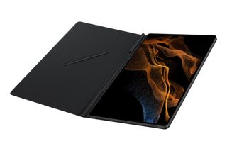 The Galaxy Tab S8 Ultra with a book-style cover case