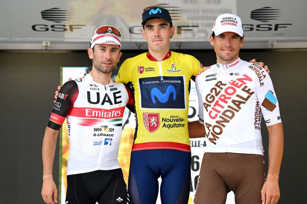 LIMOGES FRANCE AUGUST 19 LR Diego Ulissi of Italy and UAE Team Emirates on second place race winner Alex Aranburu Deba of Spain and Movistar Team Yellow Leader Jersey and Greg Van Avermaet of Belgium and AG2R Citren Team on third place pose on the podium during the podium ceremony after the 55th Tour du Limousin Nouvelle Aquitaine 2022 Stage 4 a 1748km stage from Saint Laurent sur Gorre to Limoges 289m TDL2022 on August 19 2022 in Limoges France Photo by Dario BelingheriGetty Images