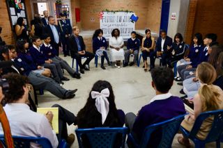 Prince Harry and Meghan Markle visit charter school, Colegio Cultura Popular, in Bogota, Colombia on August 15, 2024.