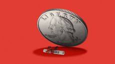 Illustration of a quarter coin collapsing onto a higher education diploma