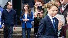 Composite of a picture of Prince William and Kate at Bisham Abbey National Sports Centre in 2023 and Prince George attending the Christmas Morning Service in 2023