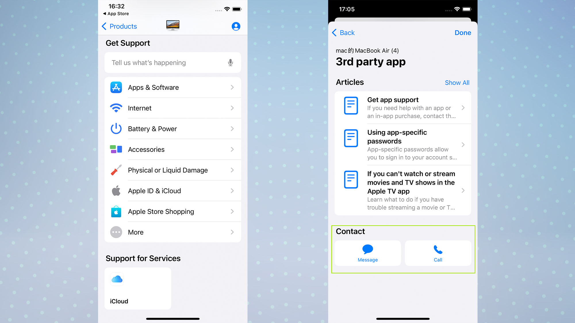 La aplicación iOS 15 Apple Support muestra cómo reservar una cita en Genius Bar