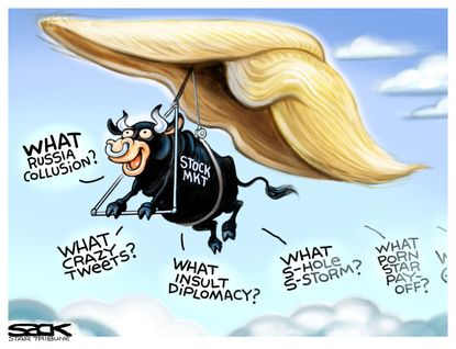 Political cartoon U.S. Trump stock market economy affair allegations Russia racist comments
