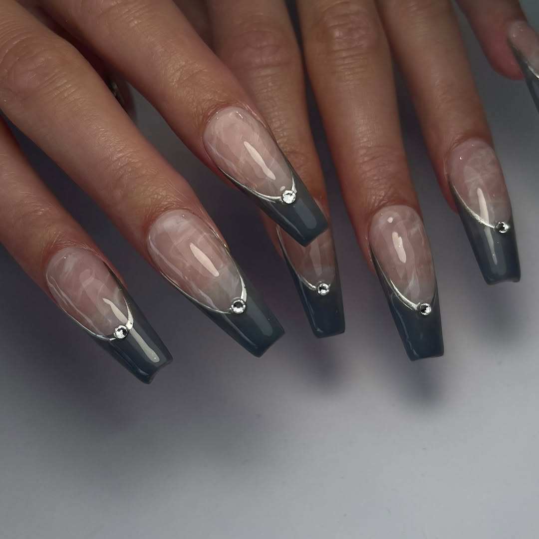 gray smoky french manicure coffin nails