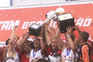 Athletico Paranaense players celebrate after winning the Brazilian title in 2001.