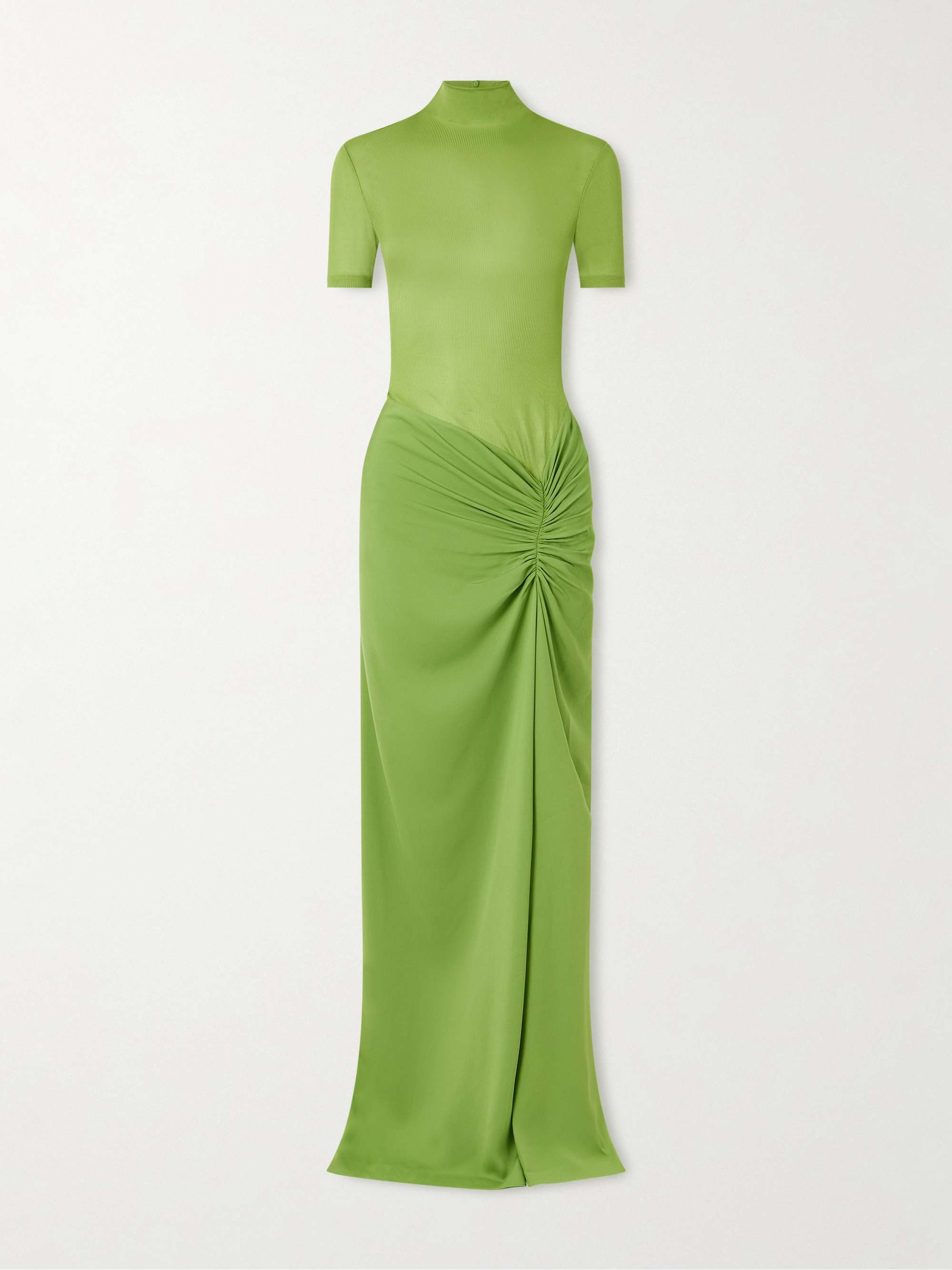 Fusion Jersey and Gathered Crepe Mock-Neck Maxi Dress