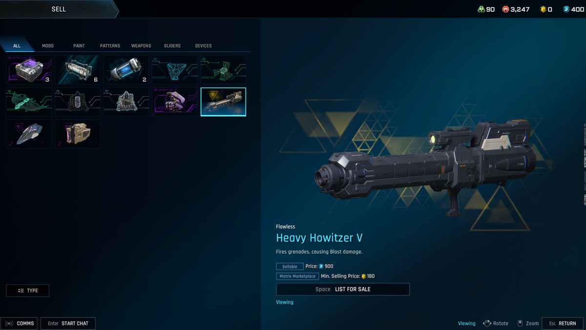 Mecha Break Matrix Credits: A Flawless Heavy Howitzer in the inventory screen, showing it's value in Matrix Credits.