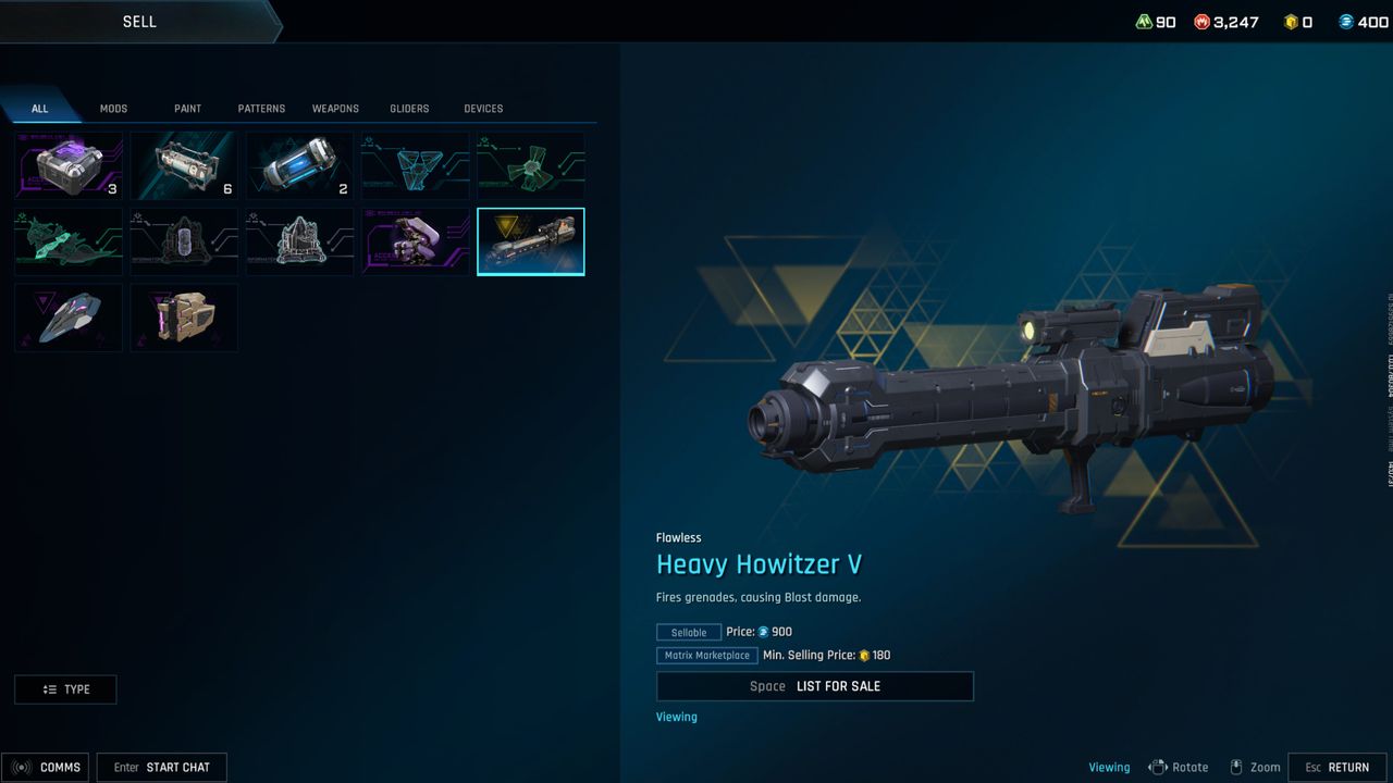 Mecha Break Matrix Credits: A Flawless Heavy Howitzer in the inventory screen, showing it's value in Matrix Credits.