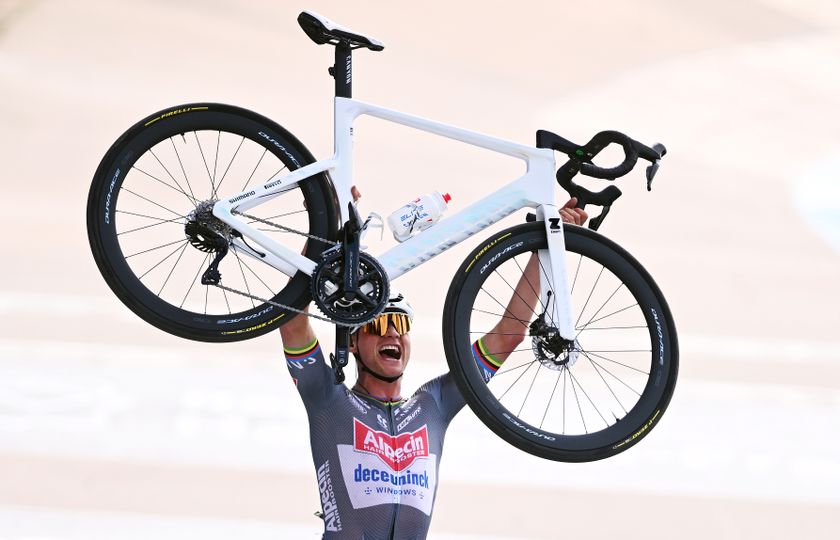 ROUBAIX, FRANCE - APRIL 13: Mathieu Van Der Poel of Netherlands and Team Alpecin - Deceuninck celebrates at finish line as race winner in the Roubaix Velodrome - Andre Petrieux during the 122nd Paris - Roubaix 2025 a 259.2km one day race from Compiegne to Roubaix / #UCIWT / on April 13, 2025 in Roubaix, France. (Photo by Luc Claessen/Getty Images)