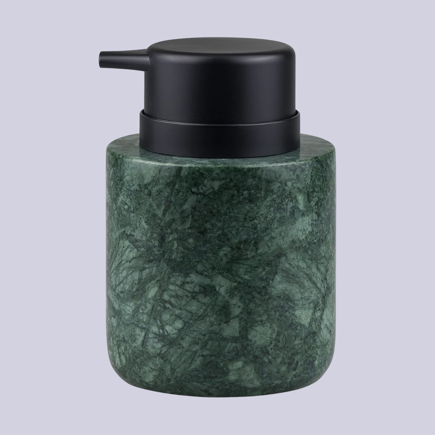 A green marble soap dispenser with a black top