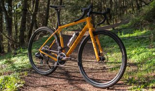 yellow salsa warbird gravel bike sat at an angle on a compact woodland track in a quiet wooded area