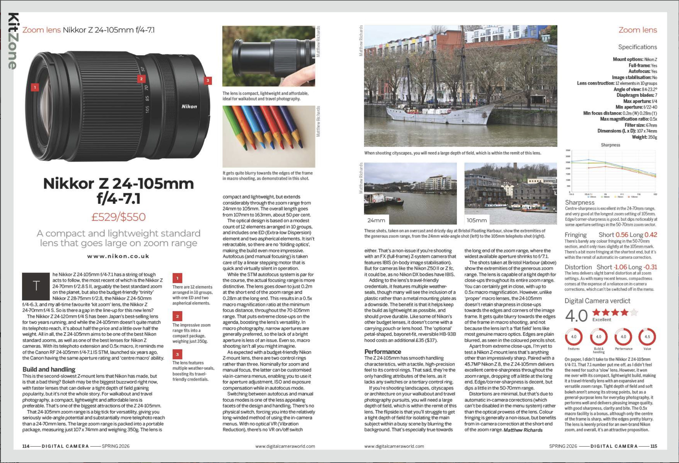 Image showing the two pages of the Nikkor Z 24-105mm f/4-7.1 lens review, in issue 306 (Spring 2026) of Digital Camera magazine