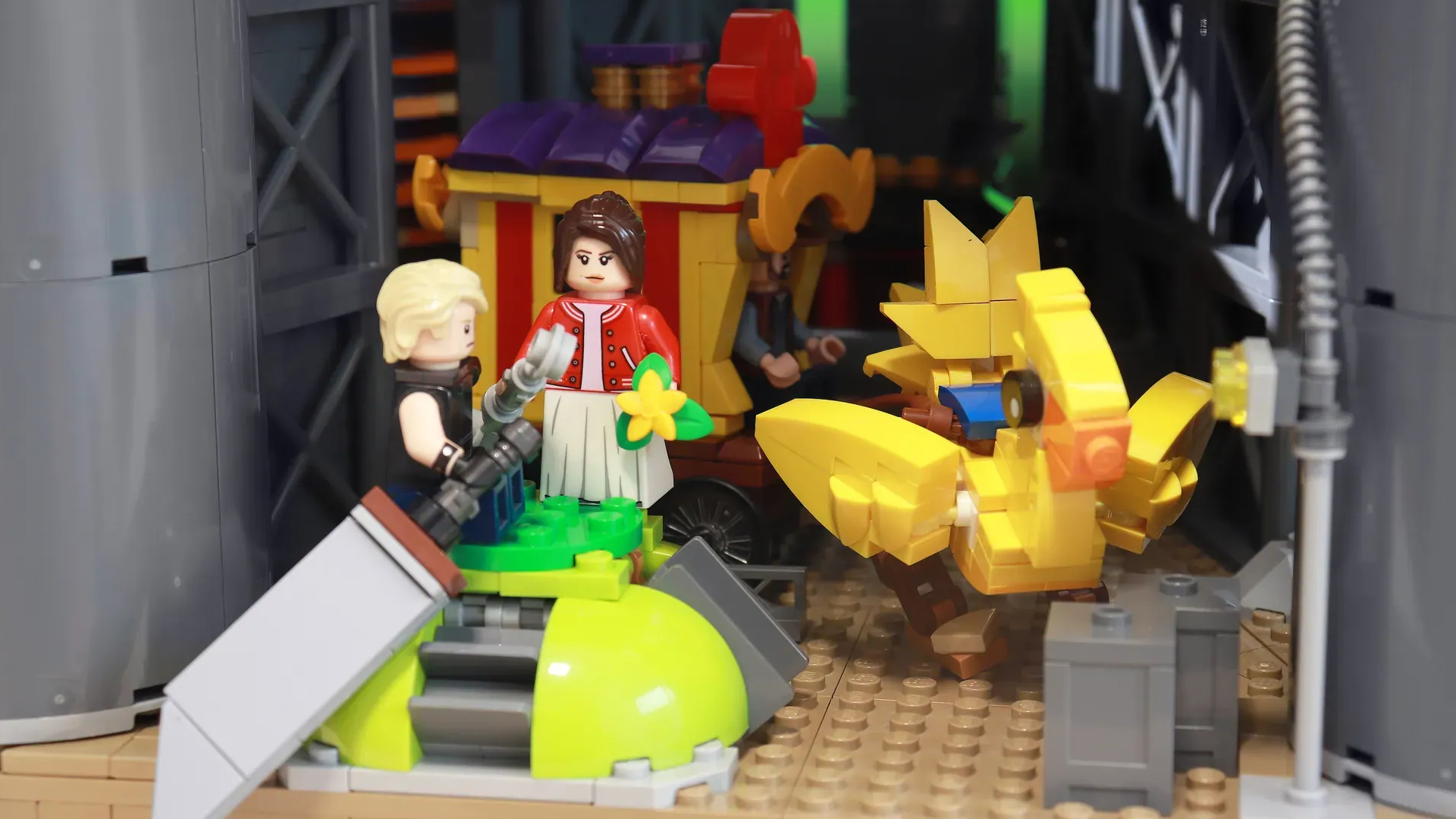 Lego Cloud and Aerith alongside a chocobo in the underlevels of the Lego Final Fantasy 7 build