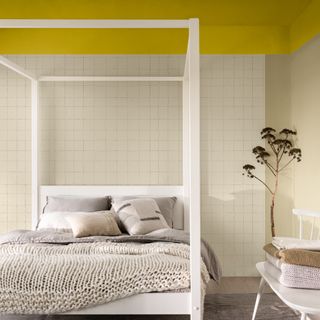 Dulux colour of the year 2025 true joy used on a bedroom ceiling paired with neutral shades