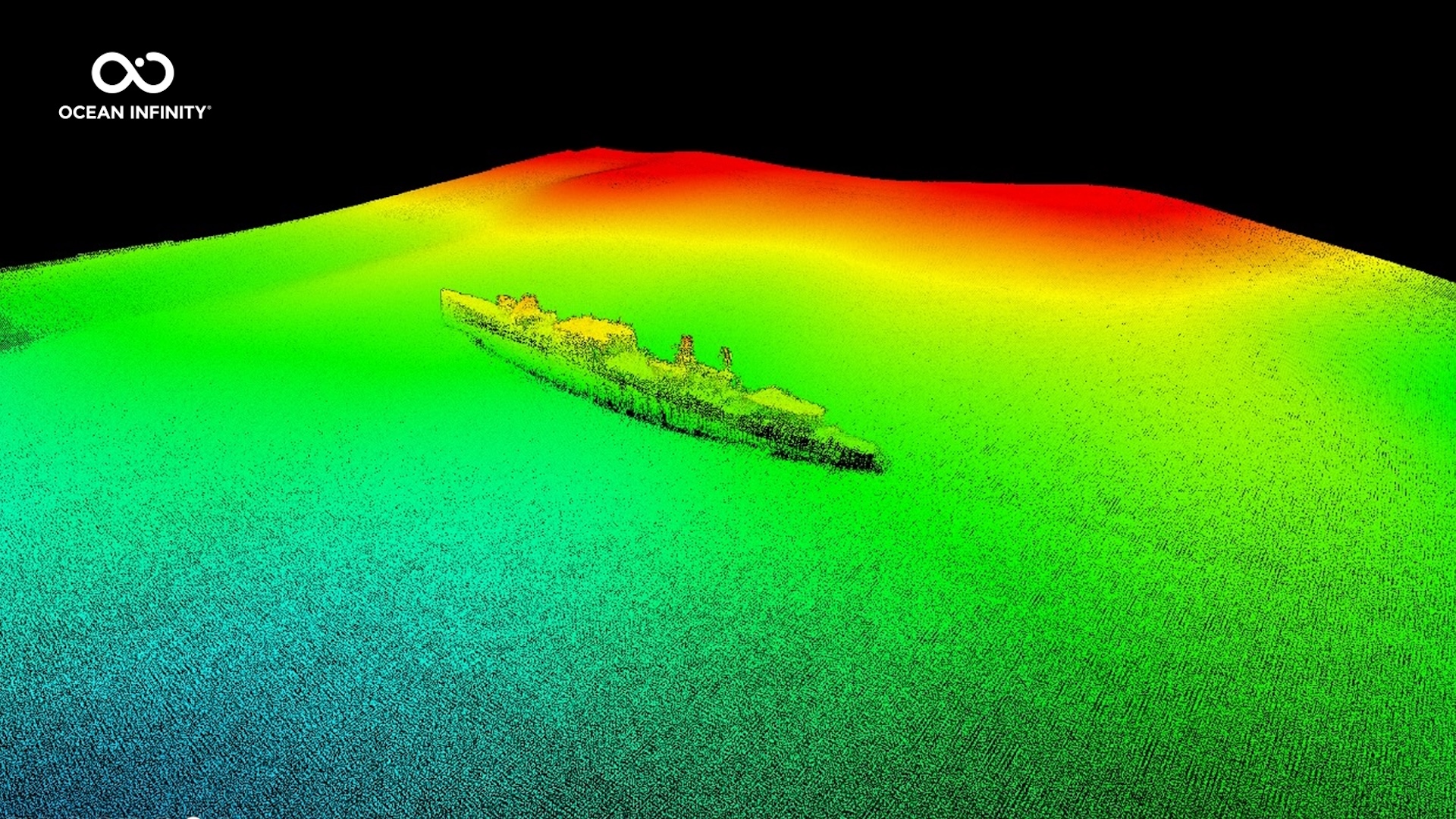 A sonar scan showing a warship on the ocean floor