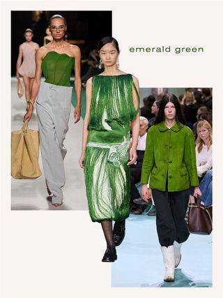 A collage with the words "emerald green" printed on it and three S/S 25 runway images from Victoria Beckham, Erdem, and Prada.