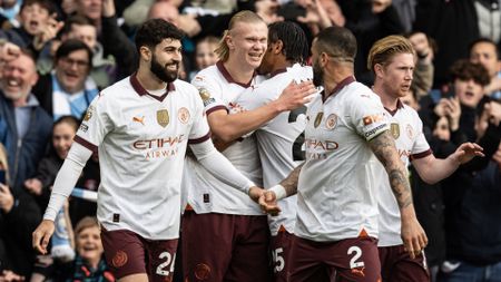 Manchester City's Erling Haaland (2nd left) celebrates scoring his side's second goal during the Premier League match between Nottingham Forest and Manchester City at City Ground on April 28, 2024 