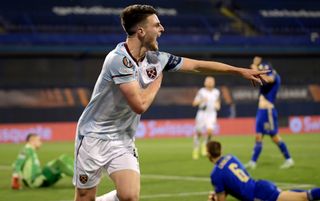 West Ham United midfielder Declan Rice celebrates scoring against Dinamo Zagreb, Europa League, September 2021 | West Ham v Rapid Vienna live stream