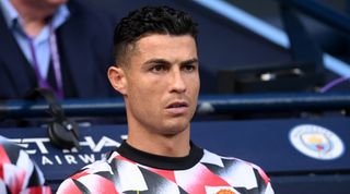 Manchester United forward Cristiano Ronaldo looks on from the bench during Manchester City 6-3 Manchester United in the Premier League on 2 October, 2022 at the Etihad Stadium, Manchester, United Kingdom