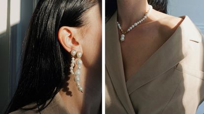 Pearl necklace and dangling pearl earrings