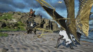 Code Vein 2 best early weapons: A player using the Bat jail against a large enemy on a beach, using large bat wings to send forth a swarm of small bats.