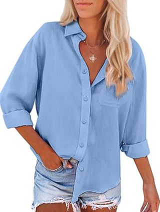 Apraw Womens Button Down Shirts Long Sleeve Collared Dress Shirts Cotton Button Up Oversized Blouses Tops Casual With Pockets Sky Blue