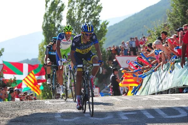 Alberto Contador finishes up after a tough day