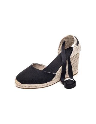 Sandal wedges espadrille wanita U-Lite, ujung tertutup, platform bertali, tali pergelangan kaki, sepatu kasual musim panas, kanvas hitam-3