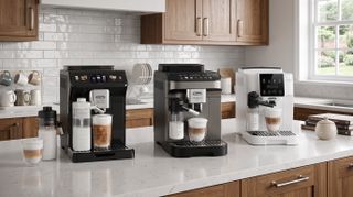 De'Longhi Eletta Explore, Magnifica Evo and Magnifica Start coffee machines on a kitchen counter.