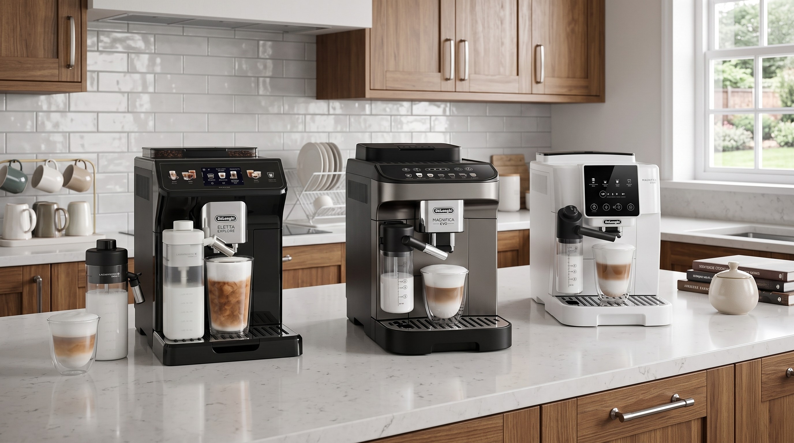 De'Longhi Eletta Explore, Magnifica Evo and Magnifica Start coffee machines on a kitchen counter.