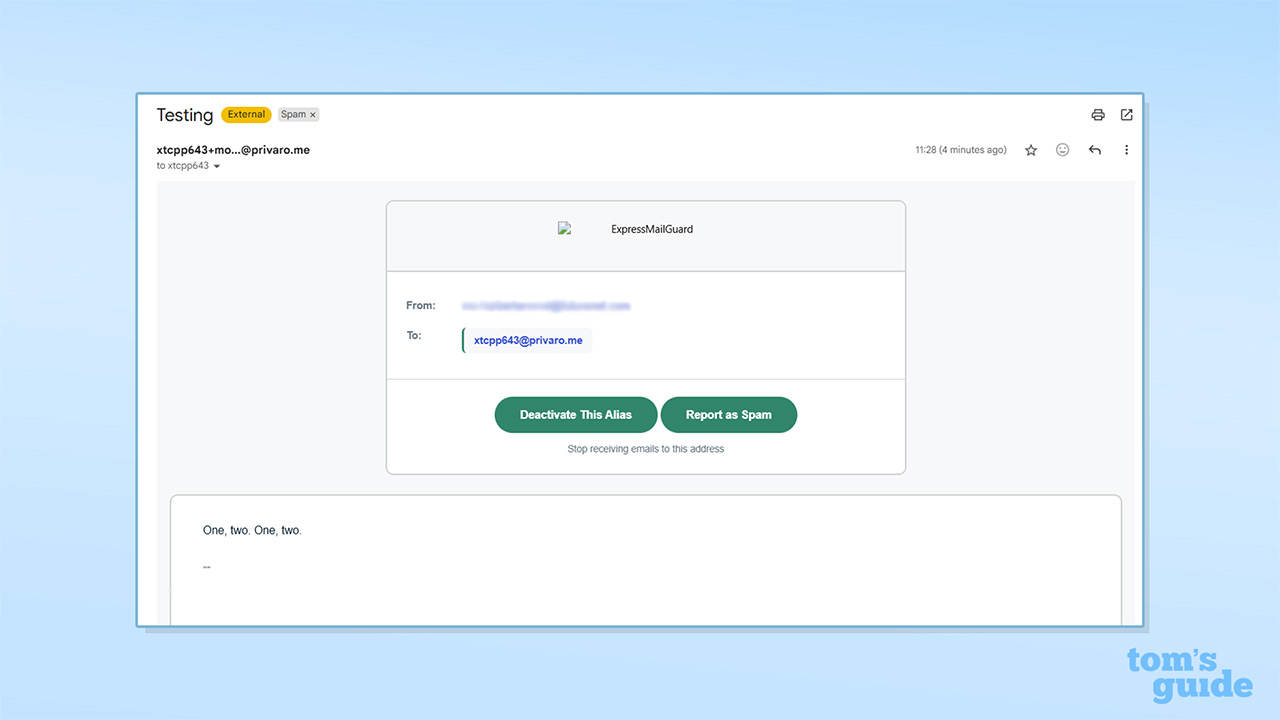 Screenshot of ExpressMailGuard in action
