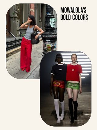 Collage of woman wearing red pants and models on the runway in a Mowalola show.