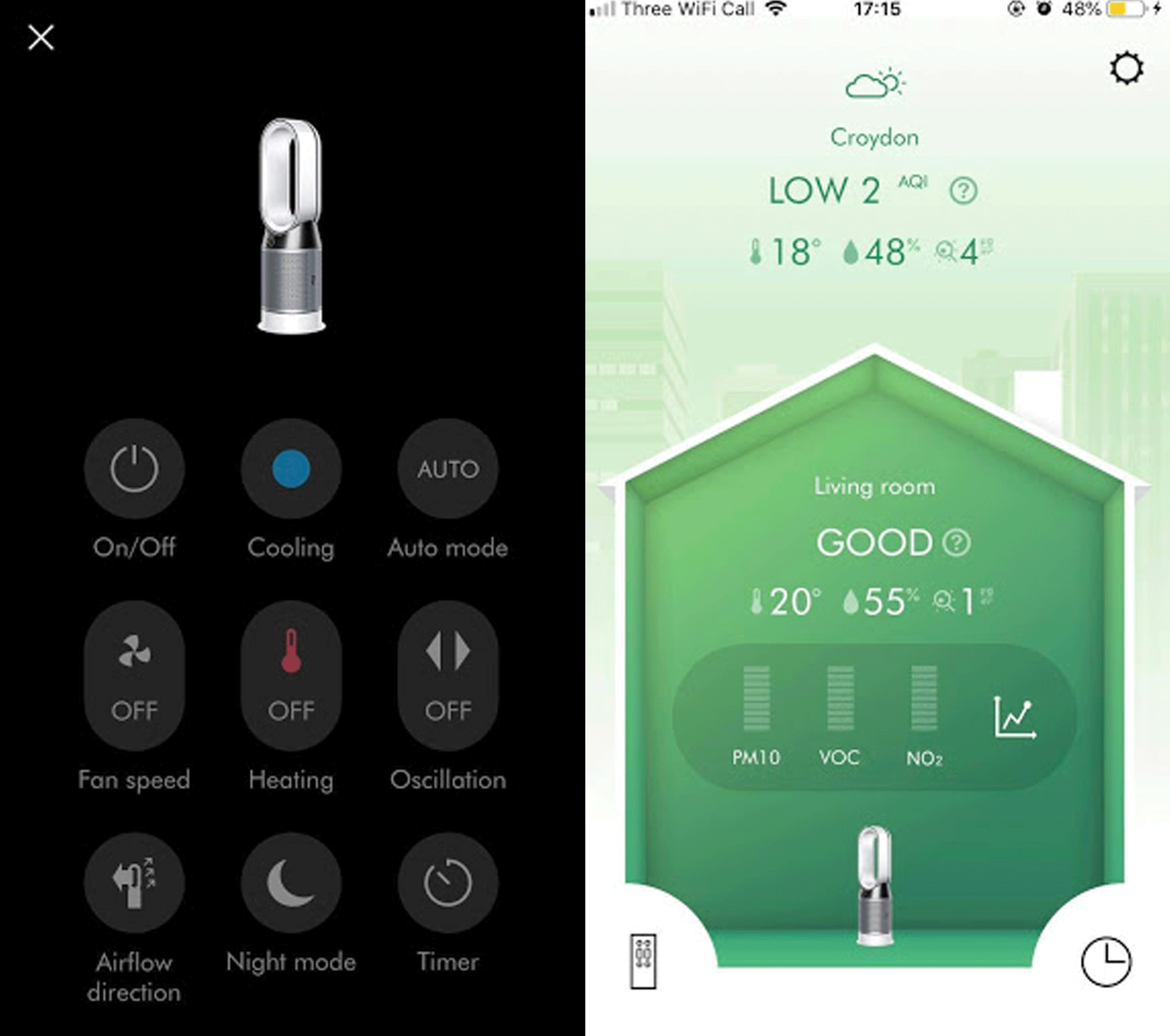 Dyson Pure Hot + Cool app screenshots from a smartphone