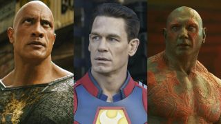 the rock in black adam, john cena as peacemaker, and dave bautista as drax