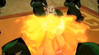 Iroh breathing fire on the Dai Lee.