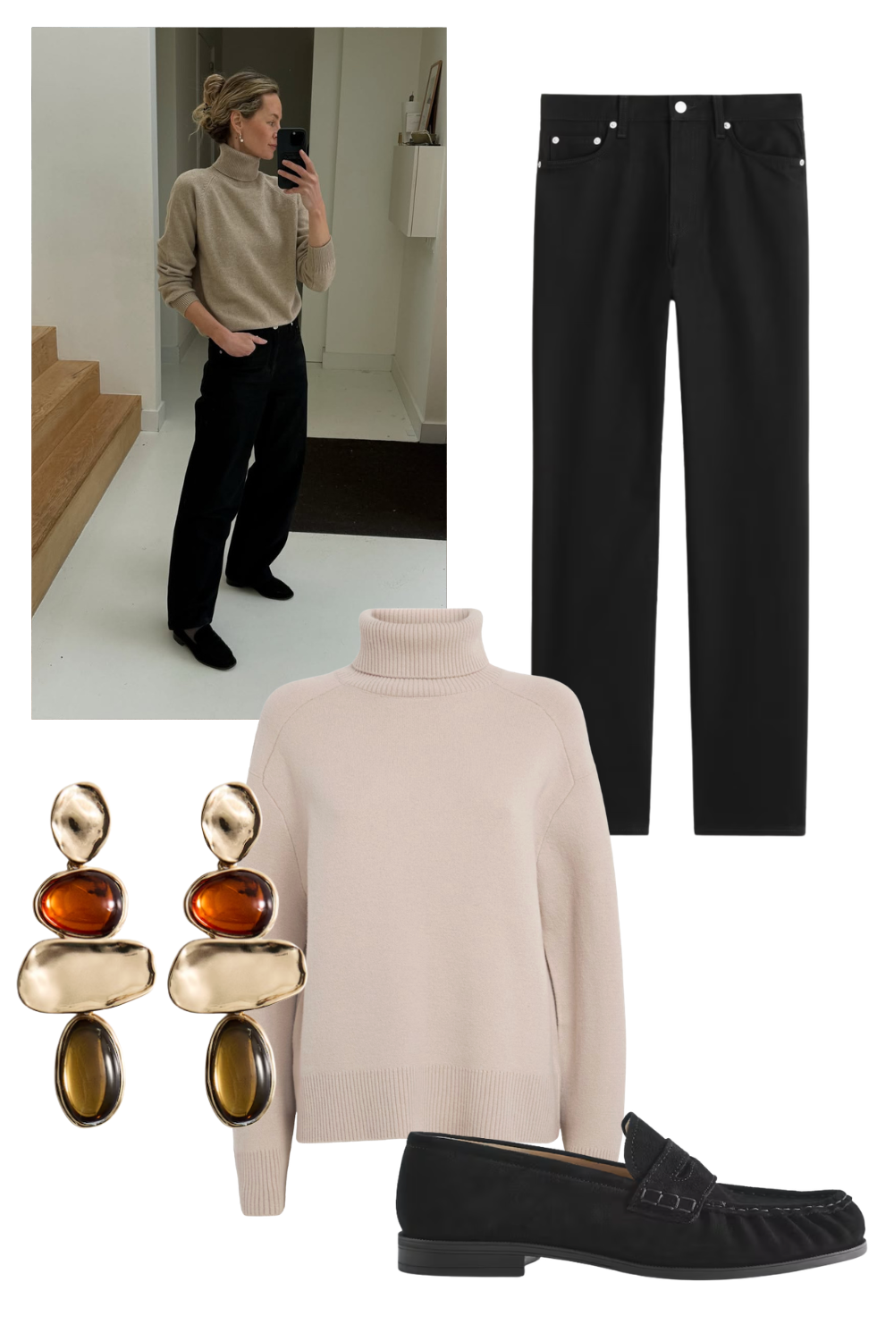 @anoukyve wears black jeans beige jumper