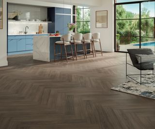 herringbone flooring in kitchen and living space