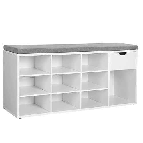 Vasagle Custos Collection - Shoe Bench, Storage Bench With Padded Seat, Entryway Bench With 15 Compartments, for Bedroom, 11.8 X 40.9 X 18.9 Inches, White and Gray Ulhs24wt