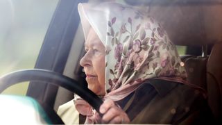 WINDSOR, UNITED KINGDOM - MAY 10: (EMBARGOED FOR PUBLICATION IN UK NEWSPAPERS UNTIL 24 HOURS AFTER CREATE DATE AND TIME) Queen Elizabeth II drives herself in her Range Rover car as she attends day 3 of the Royal Windsor Horse Show in Home Park on May 10, 2019 in Windsor, England.