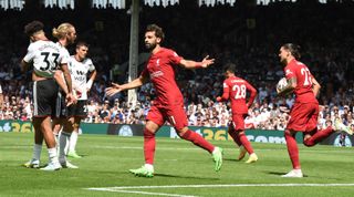 Mohamed Salah of Liverpool celebrates aft  scoring the 2nd  extremity   during the Premier League lucifer  betwixt  Fulham FC and Liverpool FC astatine  Craven Cottage connected  August 06, 2022 successful  London, England
