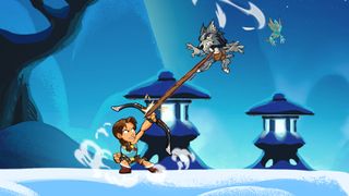 Brawlhalla screenshot of Lara Croft battling a wolf-like foe in a snowy outdoor environment