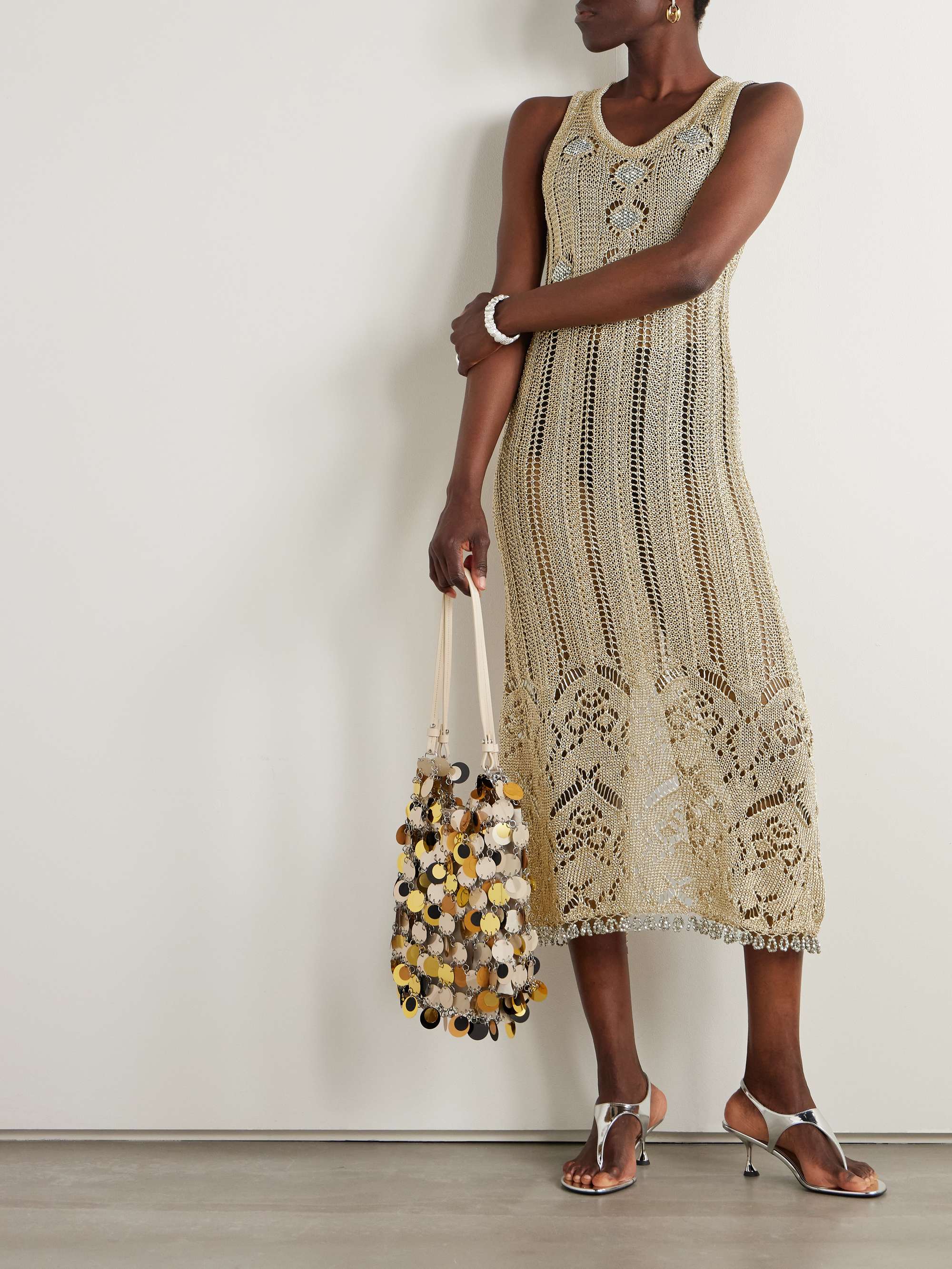 Bead-Embellished Metallic Open-Knit Midi Dress